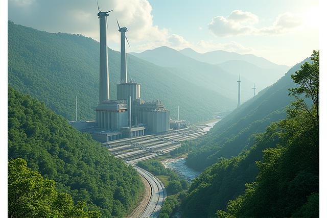 Windturbinen und Solarpaneele vor einer modernen Zementfabrik in einer grünen Landschaft, symbolisiert nachhaltige Produktion