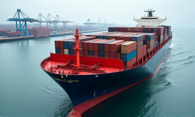 Containerschiff im Hafen, beladen mit Zementbehältern